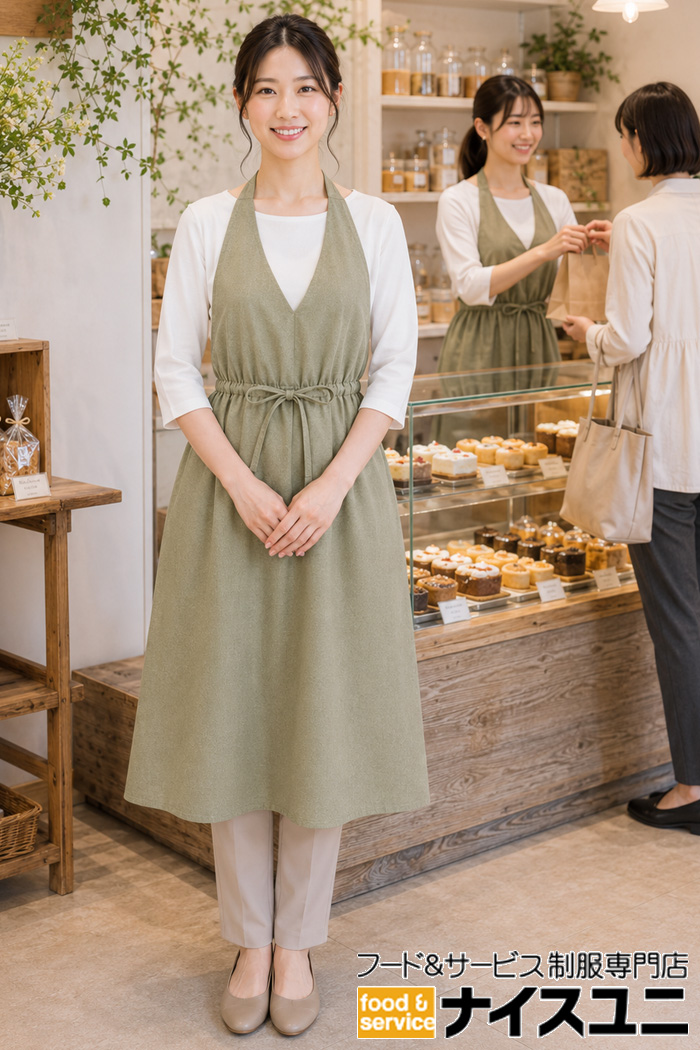 自然派洋菓子店・カフェに似合うリーフグリーンのホルターワンピース制服｜飲食店販売店ユニフォームはコーディネートから選ぶ【cp0014】