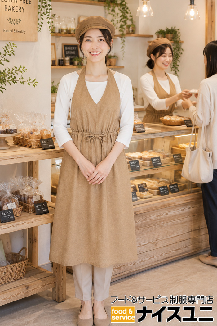 グルテンフリーベーカリー制服｜カフェオレブラウン×ベージュのナチュラルコーデ｜飲食店販売店ユニフォームはコーディネートから選ぶ【cp0015】
