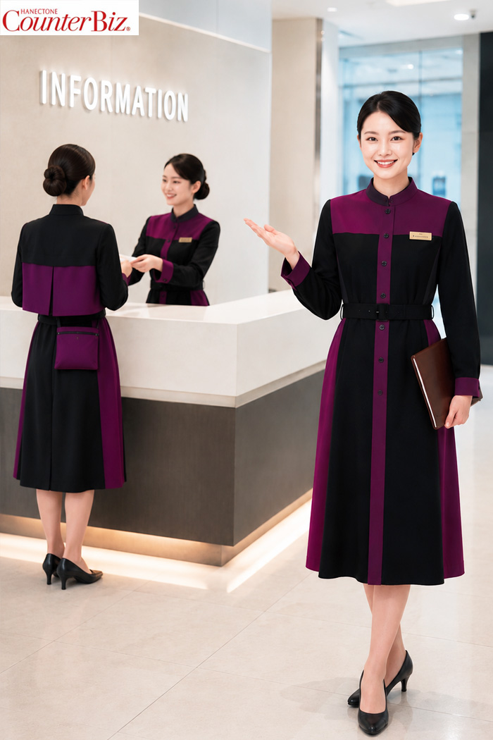 ボルドー×ブラックのバイカラーワンピース｜商業施設・ホテル受付のおもてなしコーデ｜飲食店制服ユニフォームはコーディネートから選ぶ【eh0058】