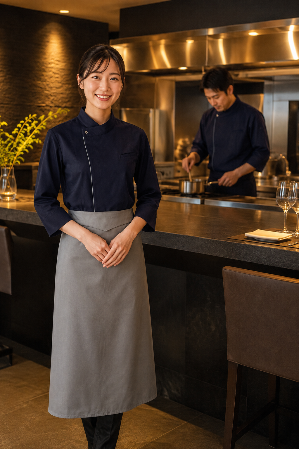 高級感レストランユニフォーム｜鉄板焼き×涼しい×洗練　ダークネイビーのコックコート×グレーエプロン　おしゃれな飲食店制服ユニフォームはコーディネートから選ぶ【cp0006】高級感レストランユニフォーム｜鉄板焼き×涼しい×洗練　ダークネイビーのコックコート×グレーエプロン　おしゃれな飲食店制服ユニフォームはコーディネートから選ぶ【cp0006】