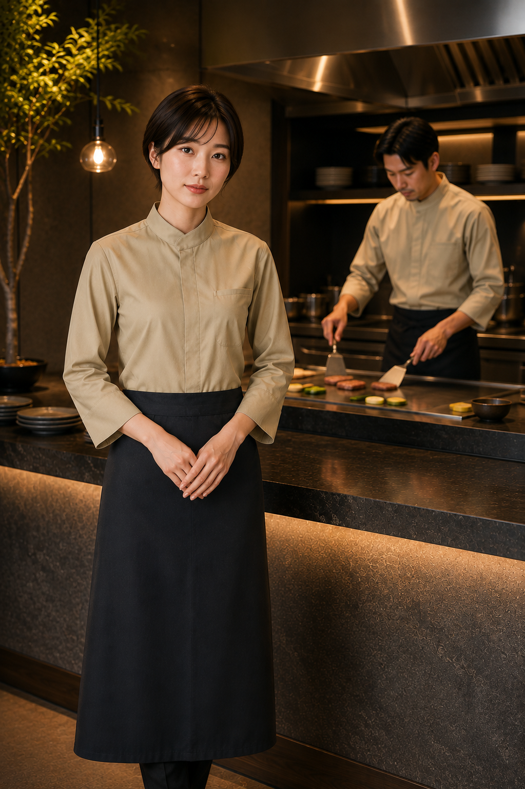 ベージュ×ブラックで魅せる高級感あるレストラン制服｜鉄板焼き×涼しい×ナチュラル　涼しいコックコートコーデ｜飲食店制服ユニフォームはコーディネートから選ぶ【cp0007】