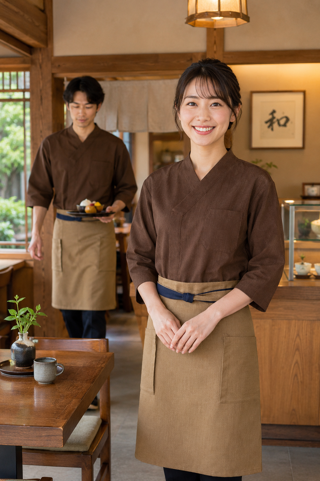 ブラウン×ベージュで魅せる和カフェ制服｜涼しく上品な和風ユニフォーム｜飲食店制服ユニフォームはコーディネートから選ぶ【cp0008】