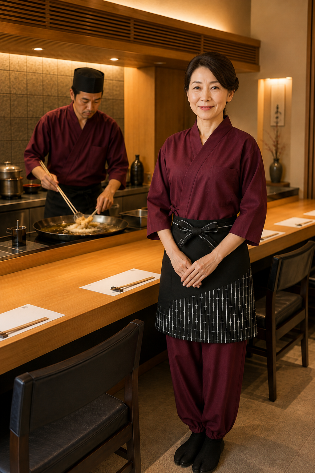 エンジ作務衣×和柄前掛け｜天ぷら店に映える涼しい和風ユニフォーム｜飲食店制服ユニフォームはコーディネートから選ぶ【cp0009】