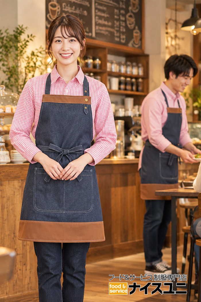 カフェのホールスタッフ制服｜レッドチェック×デニムのカジュアルコーデ｜飲食店販売店ユニフォームはコーディネートから選ぶ【b0101】