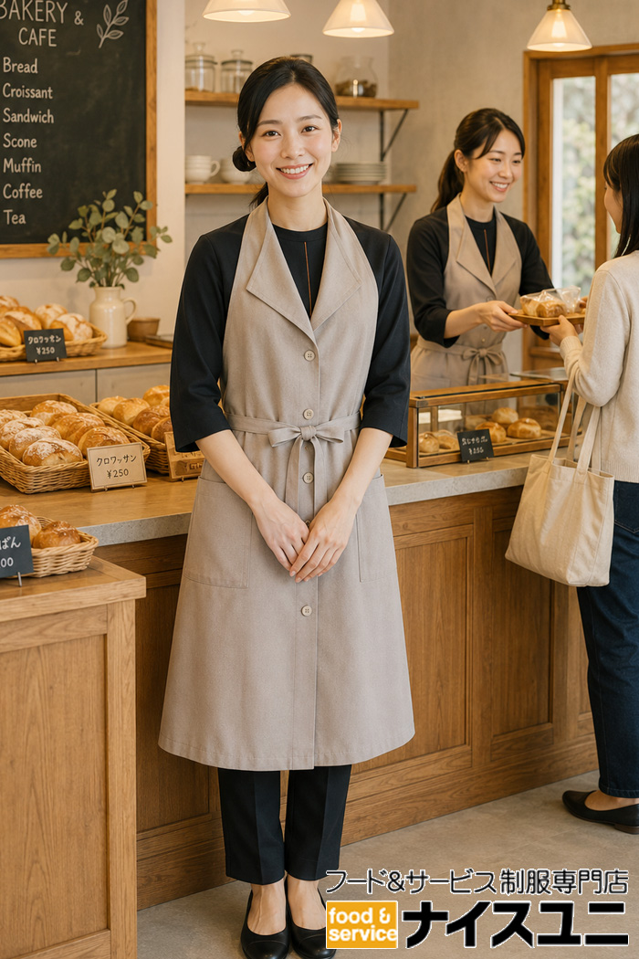 カフェのあるベーカリー制服｜ブラック×グレージュの上品なエプロンドレスコーデ｜飲食店販売店ユニフォームはコーディネートから選ぶ【bu00063】