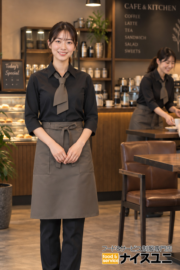 カフェのホールスタッフ制服｜ブラックシャツ×モカグレーエプロンのスタイリッシュコーデ｜飲食店販売店ユニフォームはコーディネートから選ぶ【bu00064】
