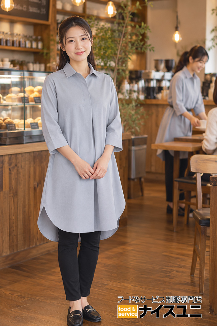 カフェのナチュラルなシャツワンピース制服｜飲食店販売店ユニフォームはコーディネートから選ぶ【b0100】