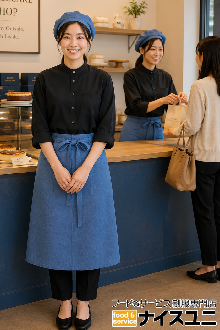 バスクチーズケーキショップ制服｜ブラックシャツ×インディゴブルーの爽やかスタッフコーデ｜飲食店販売店ユニフォームはコーディネートから選ぶ【cp0016】