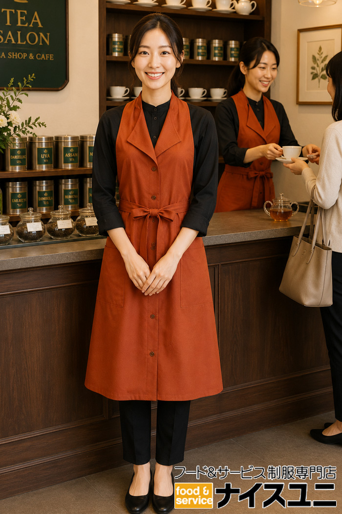 紅茶カフェの制服｜ブラックシャツ×テラコッタエプロンの上品コーデ｜飲食店販売店ユニフォームはコーディネートから選ぶ【cp0017】
