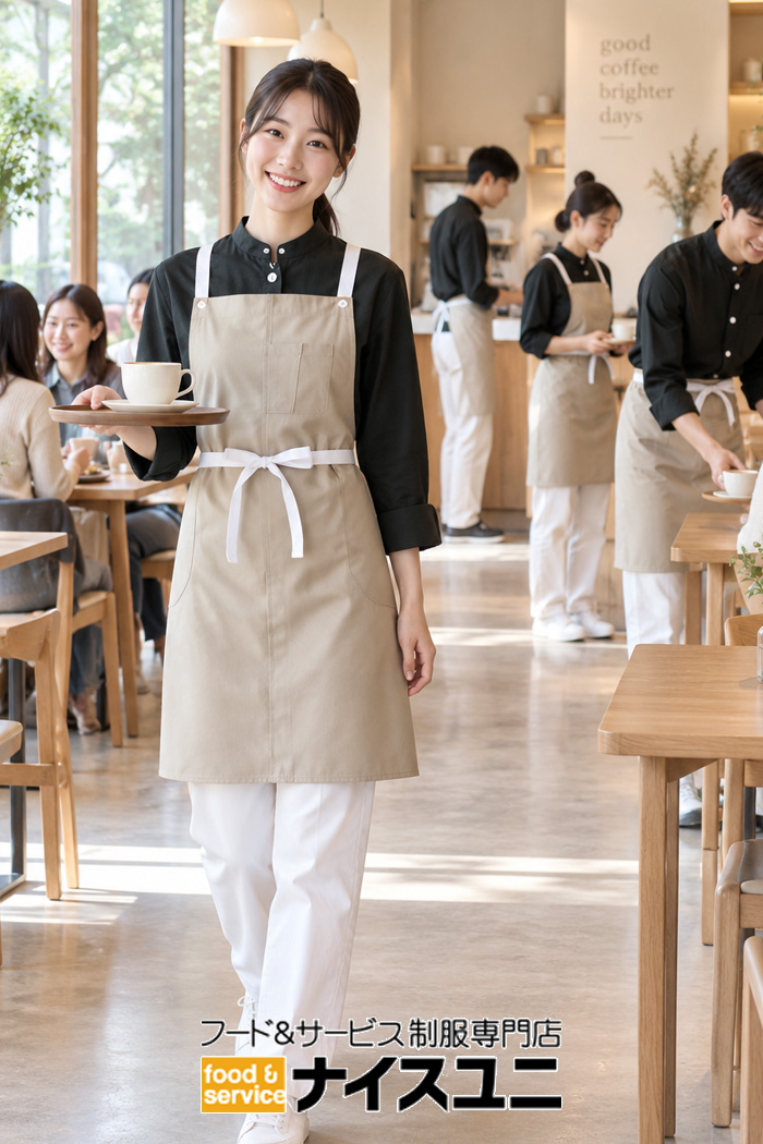 韓国風カフェに映えるブラック×ベージュの上品スタッフユニフォーム｜韓国風カフェ×落ち着いた×ブラック｜飲食店販売店ユニフォームはコーディネートから選ぶ【cp0018】