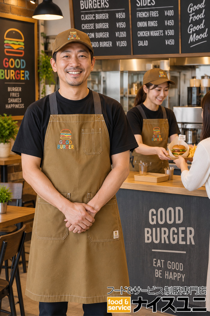 飲食店販売店ユニフォームはコーディネートから選ぶ｜低価格で揃えるハンバーガーショップ制服｜ブラックTシャツ×キャメルエプロンのアメリカンカジュアルコーデ【cp0020】