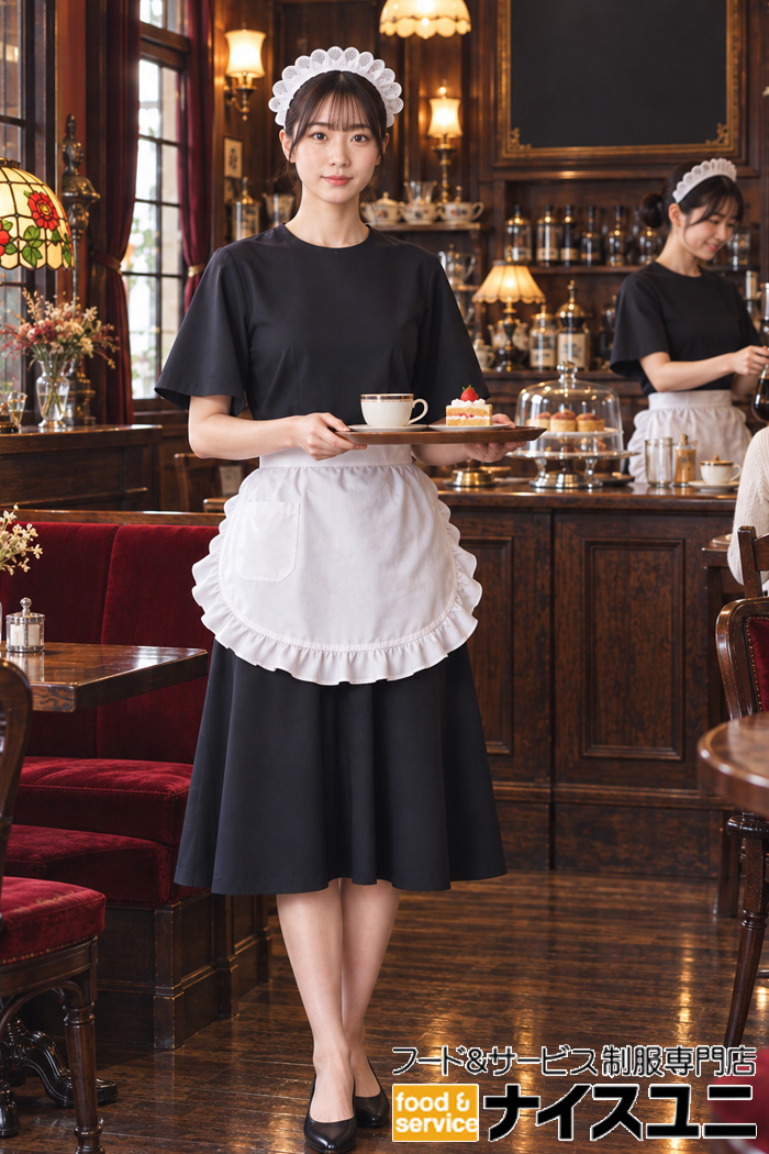 レトロ喫茶店に映える上品クラシカル制服｜ダークグレーワンピース×白フリルエプロン｜飲食店販売店ユニフォームはコーディネートから選ぶ【cp0023】