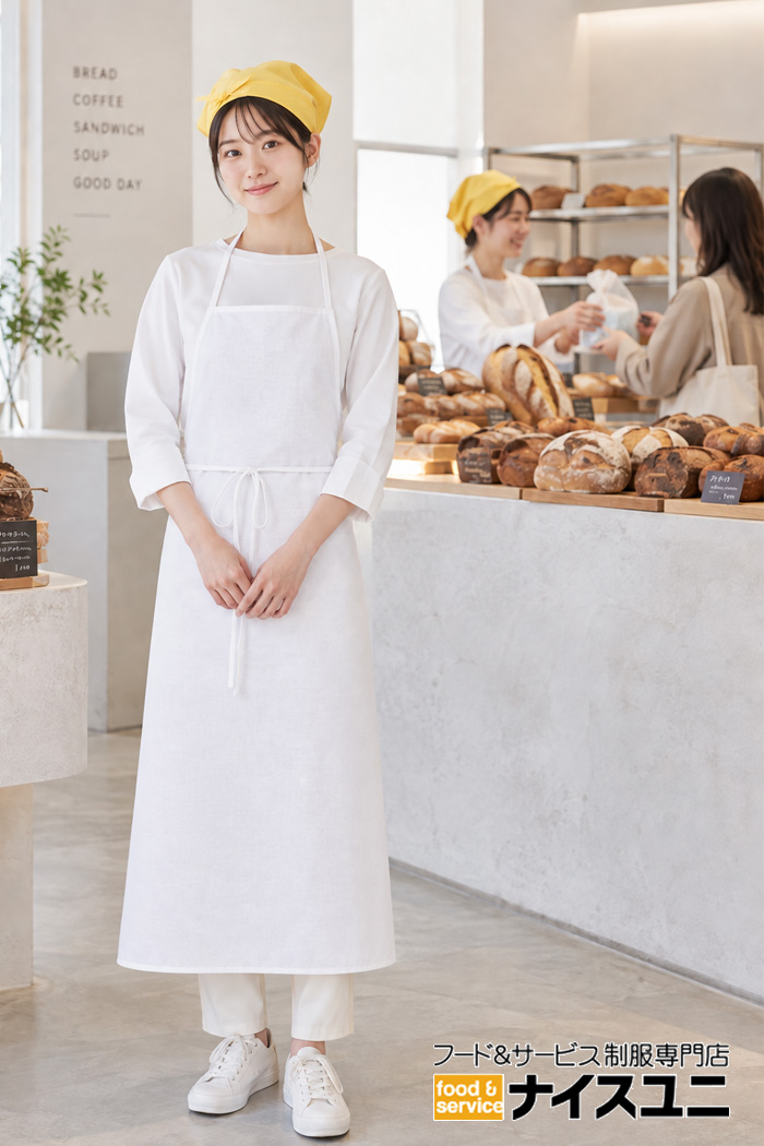 ベーカリーのキッチン兼ホールスタッフ制服｜白×イエローの清潔感あるナチュラルコーデ｜飲食店販売店ユニフォームはコーディネートから選ぶ【cp0026】