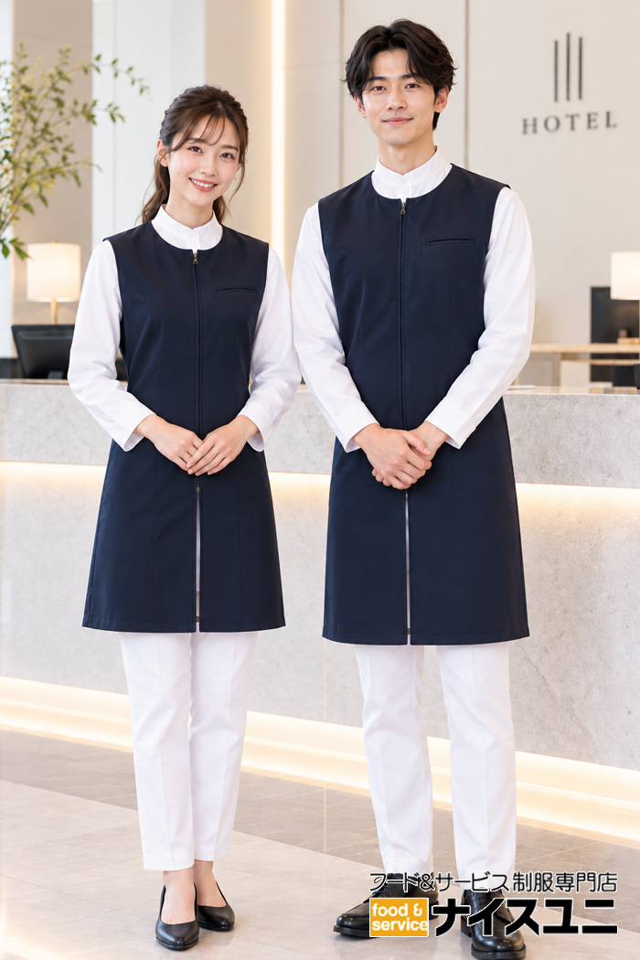ホテル受付スタッフの制服コーデ｜ネイビーのロングベストでスタイリッシュ＆シンプルな接客ユニフォーム｜飲食店販売店ユニフォームはコーディネートから選ぶ【sv0083】