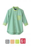 【販売終了】ストライプ柄形状記憶業務用五分袖シャツ【男女兼用】(グリーン)