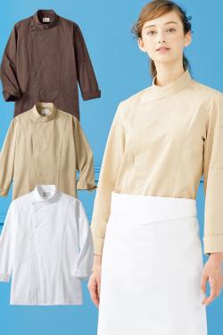 【飲食店販売店制服】シンプルなダブルコックコート　スナップボタンのワンポイント【男女兼用】