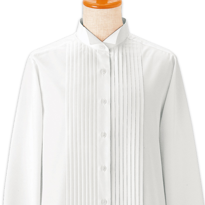 【飲食店販売店制服】ピンタック 長袖ウイングカラーシャツ【女性用】ピンタック左右8本 タイループ付き　スペック