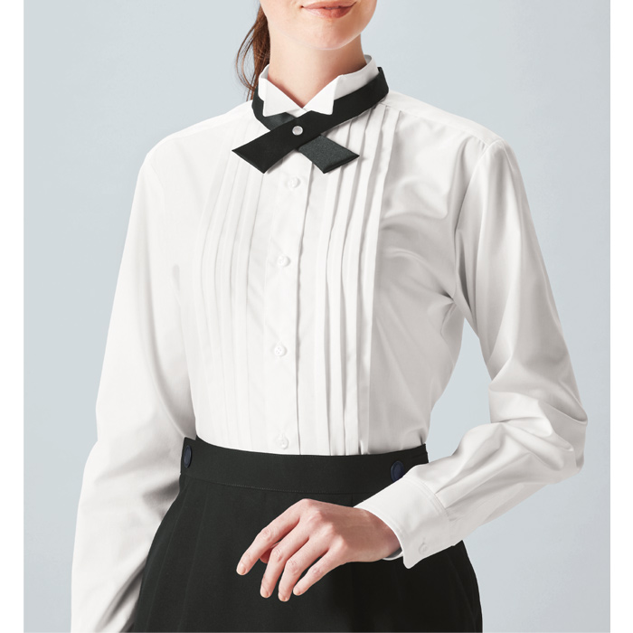 【飲食店販売店制服】ピンタック 長袖ウイングカラーシャツ【女性用】ピンタック左右4本 タイループ付き　スペック