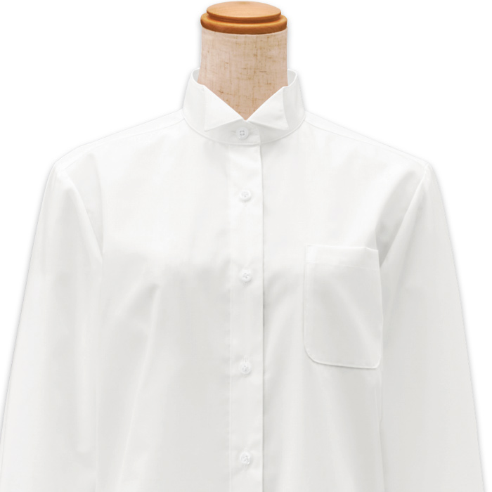 【飲食店販売店制服】【飲食店販売店制服】ピンタック 長袖ウイングカラーシャツ【女性用】ピンタック左右4本 タイループ付き　スペック