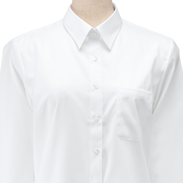 【飲食店販売店制服】定番 長袖レギュラーカラー白シャツ【女性用5号~21号】UVカット・透け防止・形態安定性 スペック