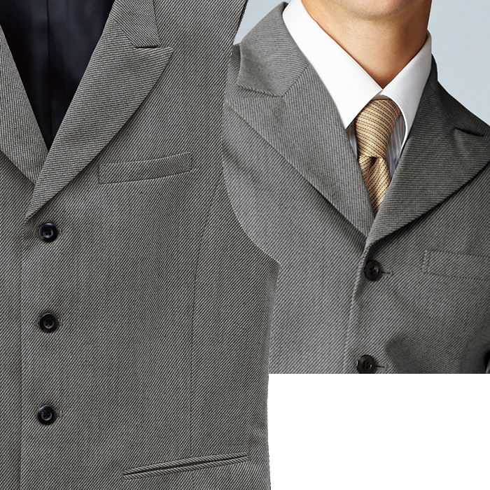 【飲食店販売店制服】襟付き カルゼ グレーベスト【男性用】凹凸ある白黒シャンブレー　スペック