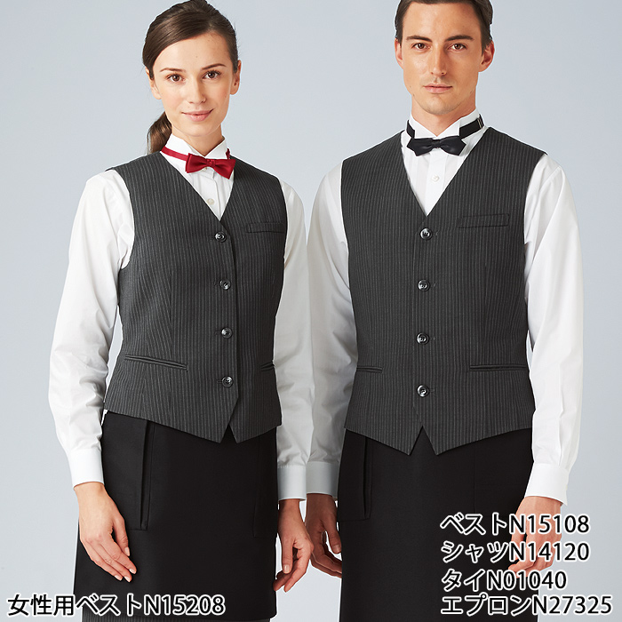 【飲食店販売店制服】襟なしチャコールグレーベスト【男性用】重厚感のあるシャドーストライプ柄 スペック