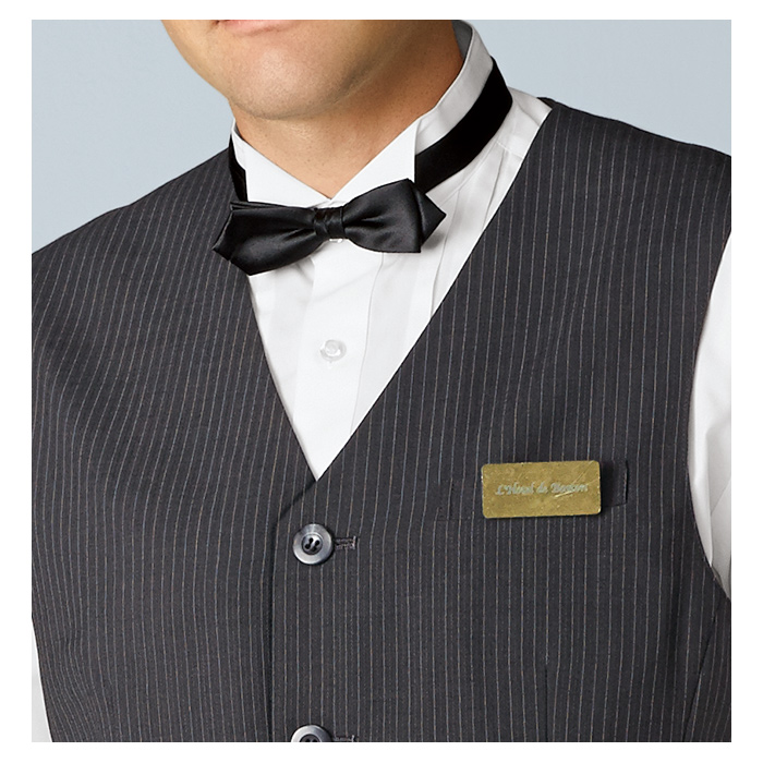 【飲食店販売店制服】襟なしチャコールグレーベスト【男性用】重厚感のあるシャドーストライプ柄 スペック