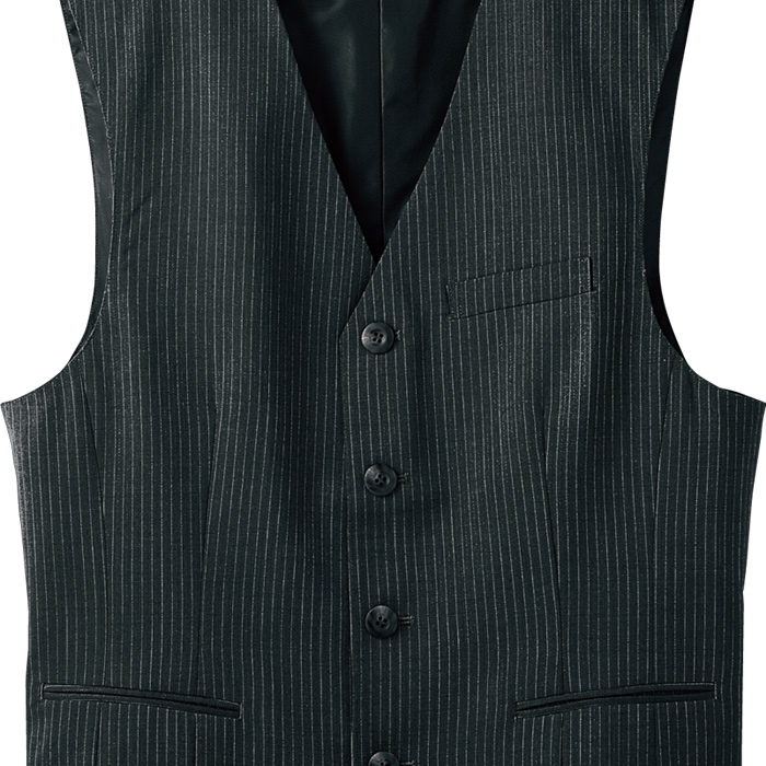 【飲食店販売店制服】襟なしチャコールグレーベスト【男性用】重厚感のあるシャドーストライプ柄 スペック