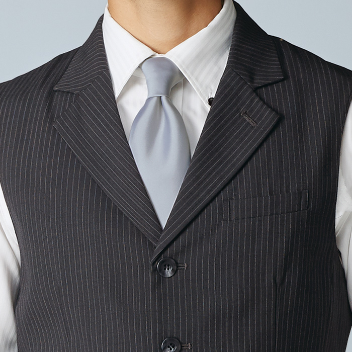 【飲食店販売店制服】襟付きチャコールグレーベスト【男性用】重厚感のあるシャドーストライプ柄 スペック