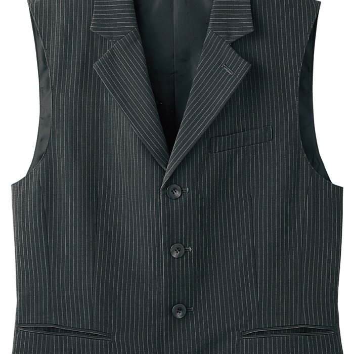 【飲食店販売店制服】襟付きチャコールグレーベスト【男性用】重厚感のあるシャドーストライプ柄 スペック
