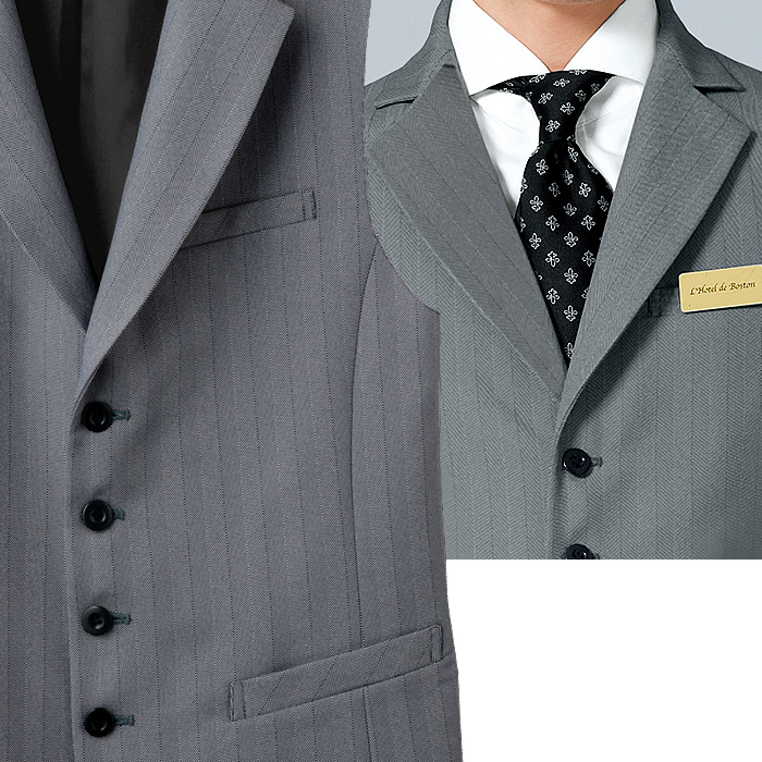 【飲食店販売店制服】襟付き ヘリンボーン グレーベスト【男性用】上品でクラシックな印象　スペック