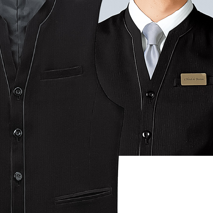 【飲食店販売店制服】襟付きブラックベスト【男性用】中空糸ストライプウール　スペック