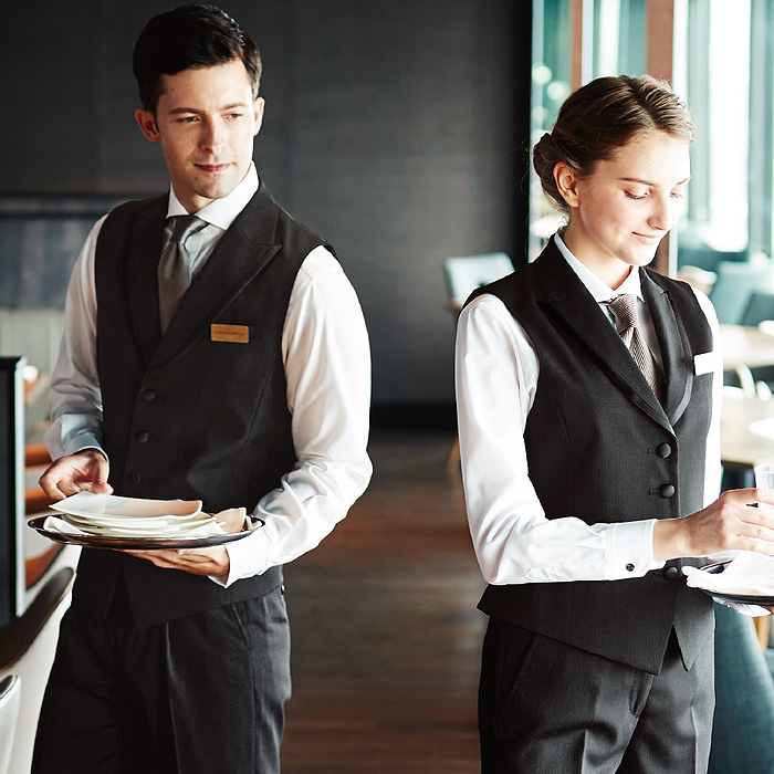 【飲食店販売店制服】襟付きブラックベスト【男性用】中空糸ストライプウール　スペック