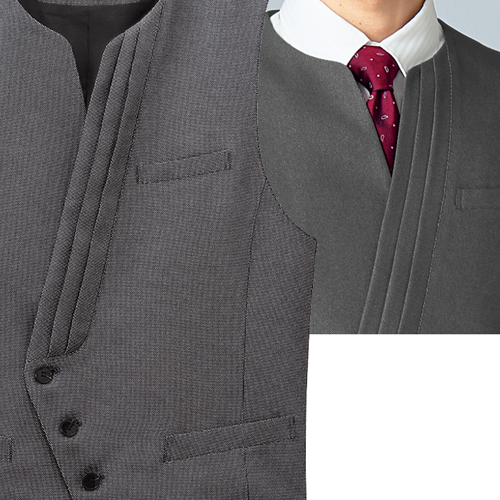 【飲食店販売店制服】襟なし グレーベスト【男性用】つややかな光沢が魅力 スペック