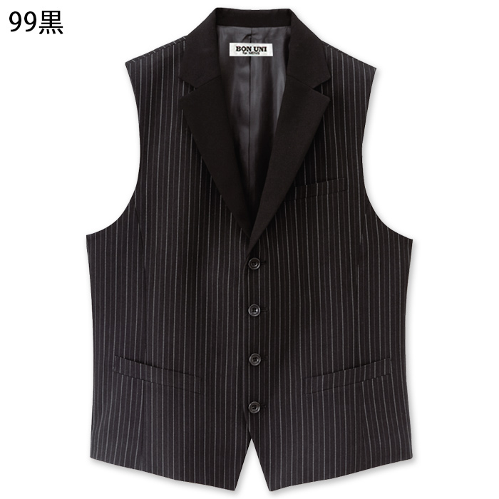 【飲食店販売店制服】襟付きストライプブラックベスト【男性用】光沢感を抑えた深みある黒　色
