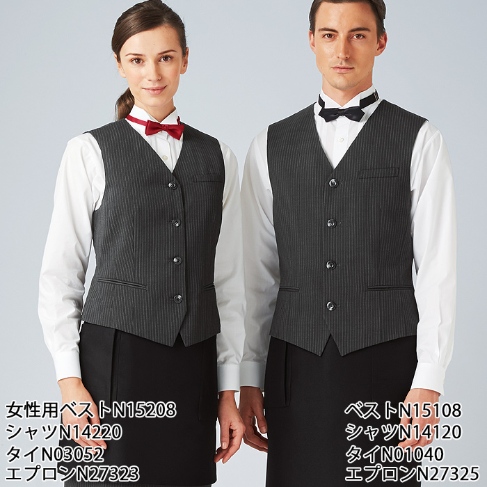 【飲食店販売店制服】襟なしチャコールグレーベスト【女性用】重厚感のあるシャドーストライプ柄 スペック