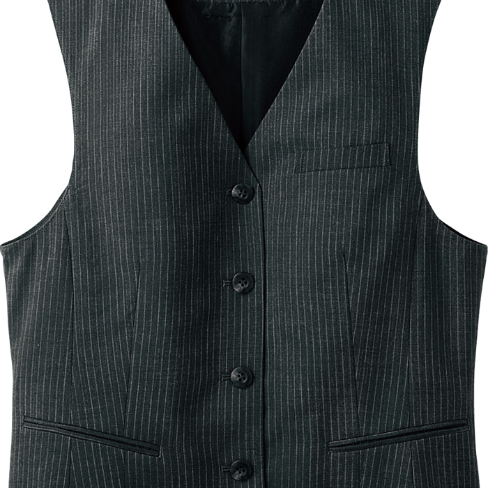 【飲食店販売店制服】襟なしチャコールグレーベスト【女性用】重厚感のあるシャドーストライプ柄 スペック