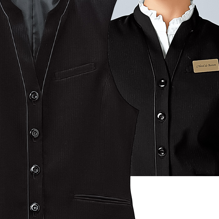 【飲食店販売店制服】襟付きブラックベスト【女性用】中空糸ストライプウール　スペック