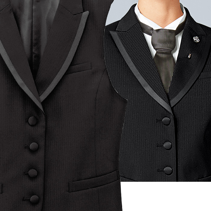 【飲食店販売店制服】襟付きブラックベスト【女性用】中空糸ストライプウール　スペック