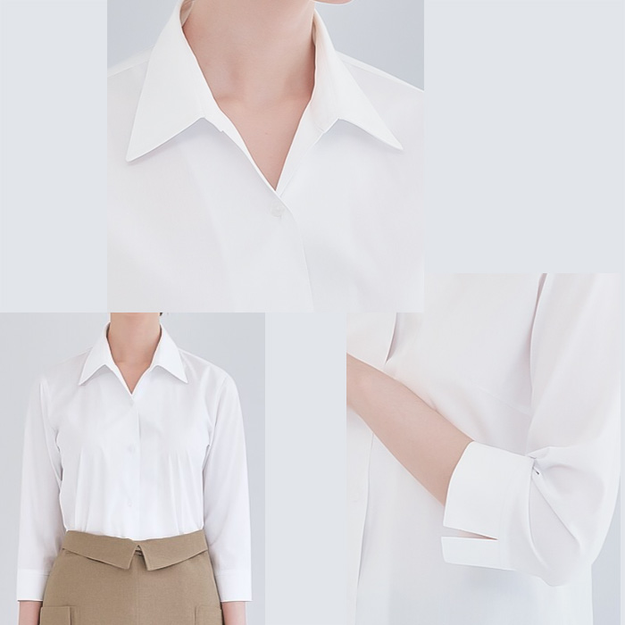 【飲食店販売店制服】5～19号サイズ　高ストレッチ 開襟スキッパー七分袖シャツ【女性用】　生地スペック