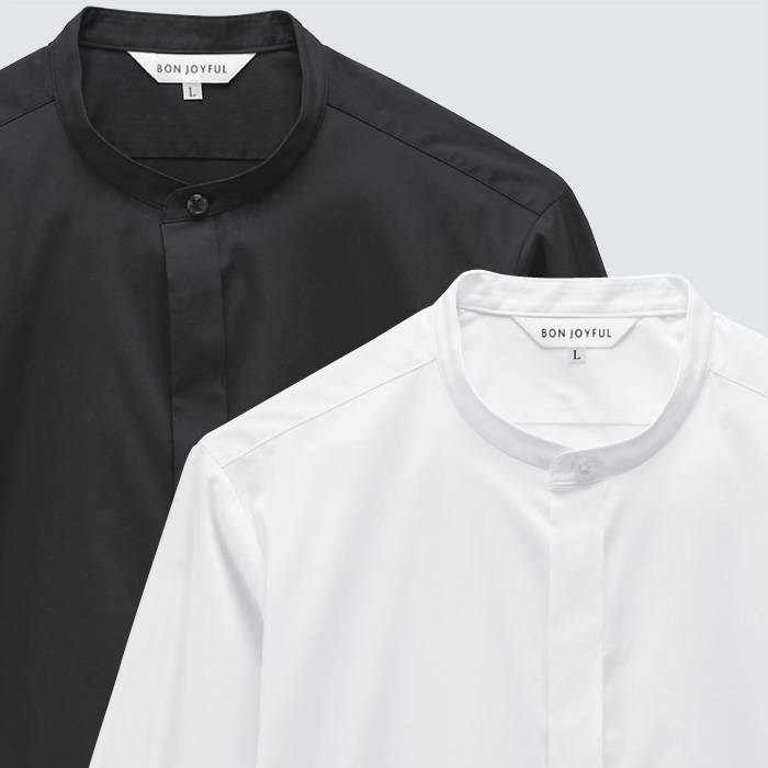 【飲食店販売店制服】SSS〜6Lサイズ 透けない高ストレッチ スタンドカラー長袖シャツ【兼用】　スペック