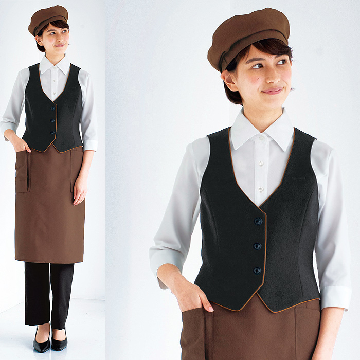 【飲食店販売店制服】パイピングがアクセント ベスト【女性用】きれいめでフェミニンなアイテム　スペック