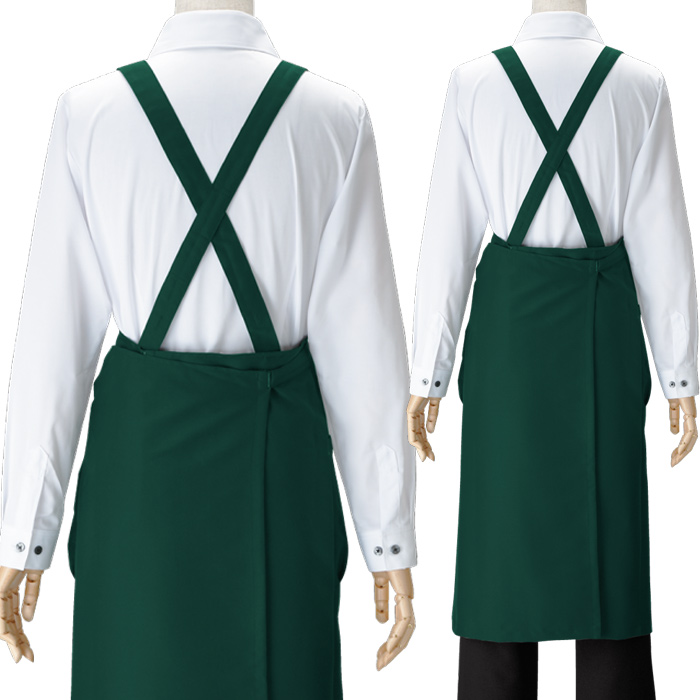 胸当てエプロン　X型　タスキ　お尻が隠れる　イージーケア　リップガード　耐塩素　撥水撥油　防汚　制電　スペック