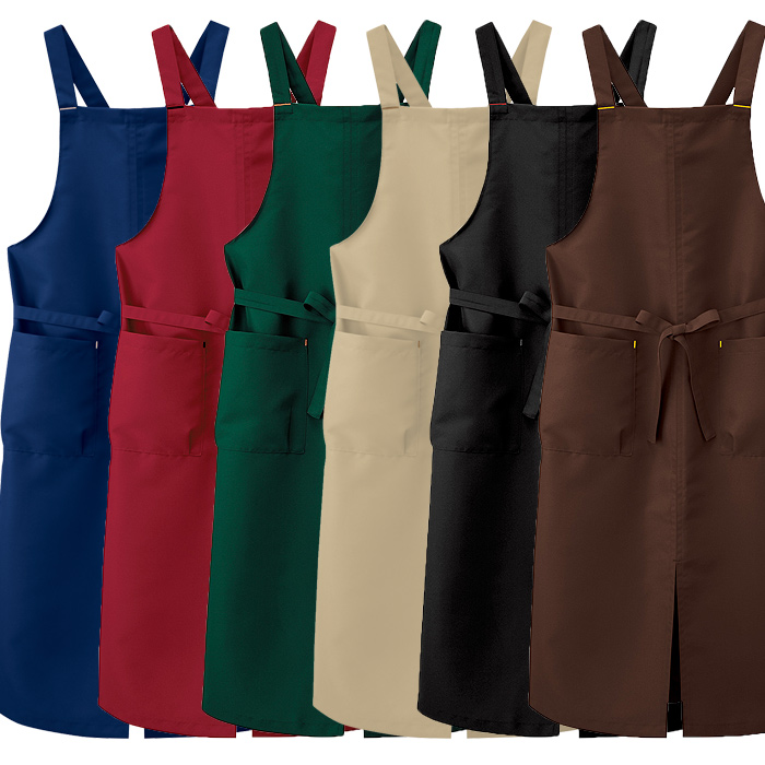 胸当てエプロン　X型　タスキ　お尻が隠れる　イージーケア　リップガード　耐塩素　撥水撥油　防汚　制電　スペック