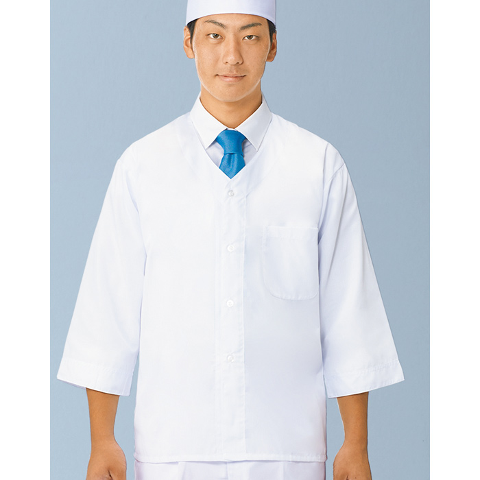 【【男性用】衿無し・七分袖　調理白衣　綿ポリ(ポプリン)　S～4L　スペック