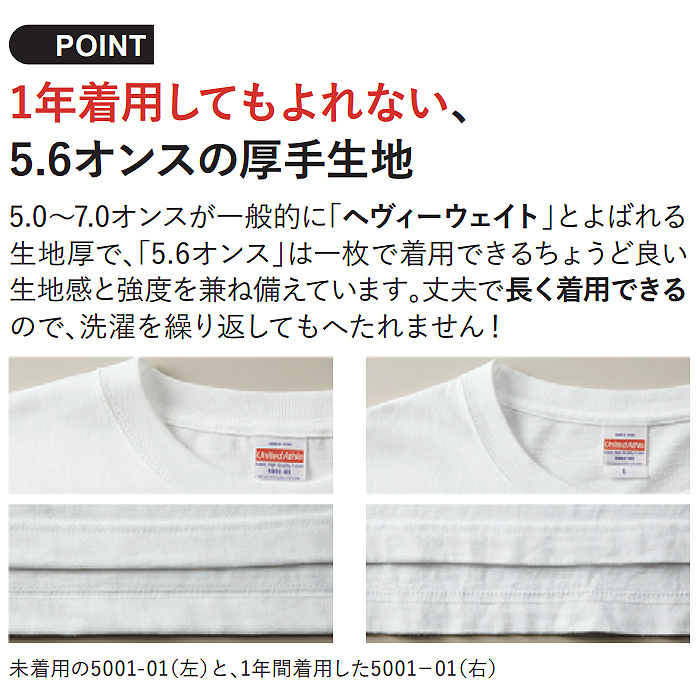 5.6オンス Tシャツ(男女兼用)綿100%定番の厚さで1年中OK　スペック