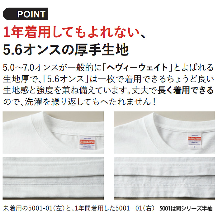 5.6オンス 長袖Tシャツ(男女兼用)袖リブ 綿100%定番の厚さ　スペック