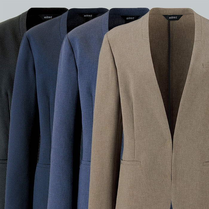 【飲食店販売店制服】レディースノーカラージャケット【女性用5~23号】軽量・タテにもヨコにも伸びるストレッチ　スペック