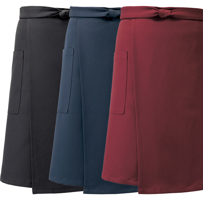 【飲食店販売店制服】アシンメトリーデザイン 腰下ミドル丈エプロン【3色】制電・ストレッチ・撥水　スペック