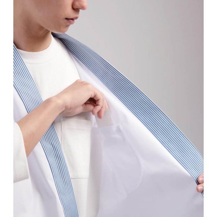 【飲食店販売店制服】襟ストライプ柄 ハッピコート 【男性用】ポリ65%綿35%ブロード　スペック